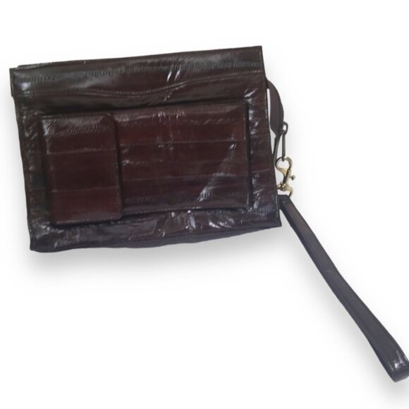 Eel Skin Vintage 80s Clutch Bag Large Wristlet Purse Eyeglass Case Zipper Pocket - Picture 1 of 15